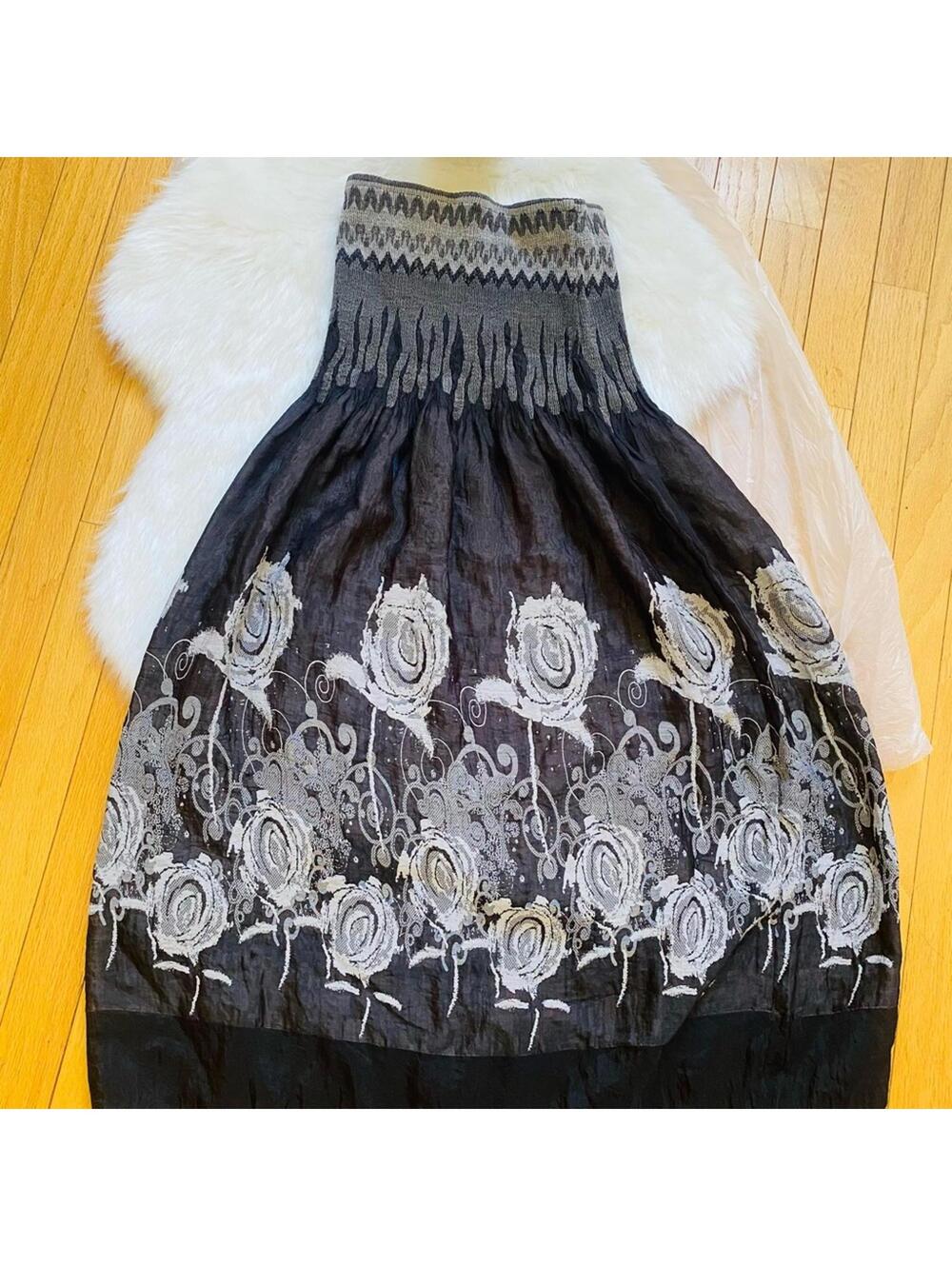 Black and White Bubble Midi Dress with Smocked Embellishments
